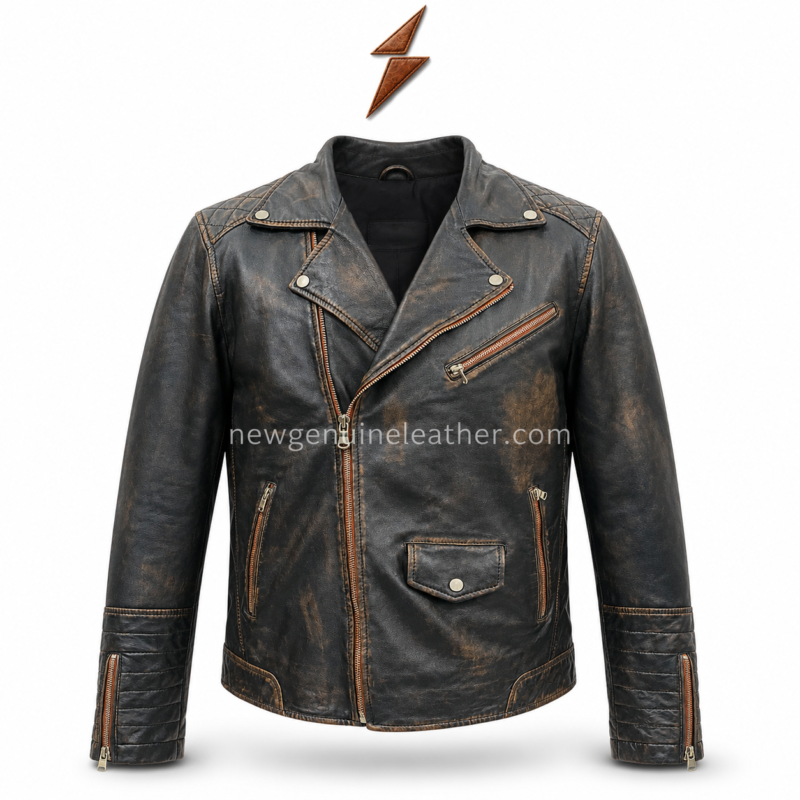 Distressed Biker Jacket – 6-Zip Moto Style Genuine Leather Distressed Biker Jacket – 6-Zip Moto Style Genuine Leather