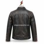 Premium distressed biker jacket with NGL logo, black and brown leather finish, snap buttons, zipper cuffs, flap pocket, and wholesale styling.