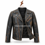 Distressed biker jacket with black and brown washed leather finish, asymmetrical zipper, lapel collar, quilted shoulders, and NGL