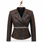 Back view of distressed biker jacket with shaped panel stitching, padded shoulders, and black brown vintage finish.