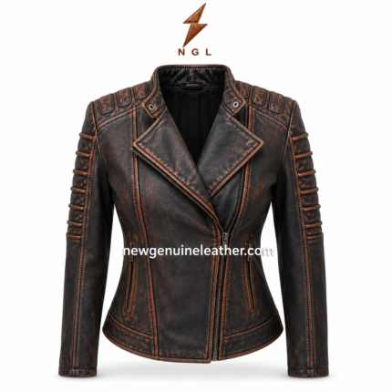 Back view of distressed biker jacket with shaped panel stitching, padded shoulders, and black brown vintage finish.