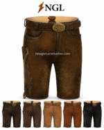 Distressed brown lederhosen shorts with brass-tone buckle and adjustable leather belt