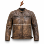 Distressed leather biker jacket in brown with quilted shoulder panels, chest zip pockets, side zip pockets, and NGL