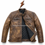 Back view of distressed leather biker jacket with quilted upper back panel, vertical stitched seams, brown leather grain, and hem tabs.