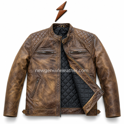 Back view of distressed leather biker jacket with quilted upper back panel, vertical stitched seams, brown leather grain, and hem tabs.