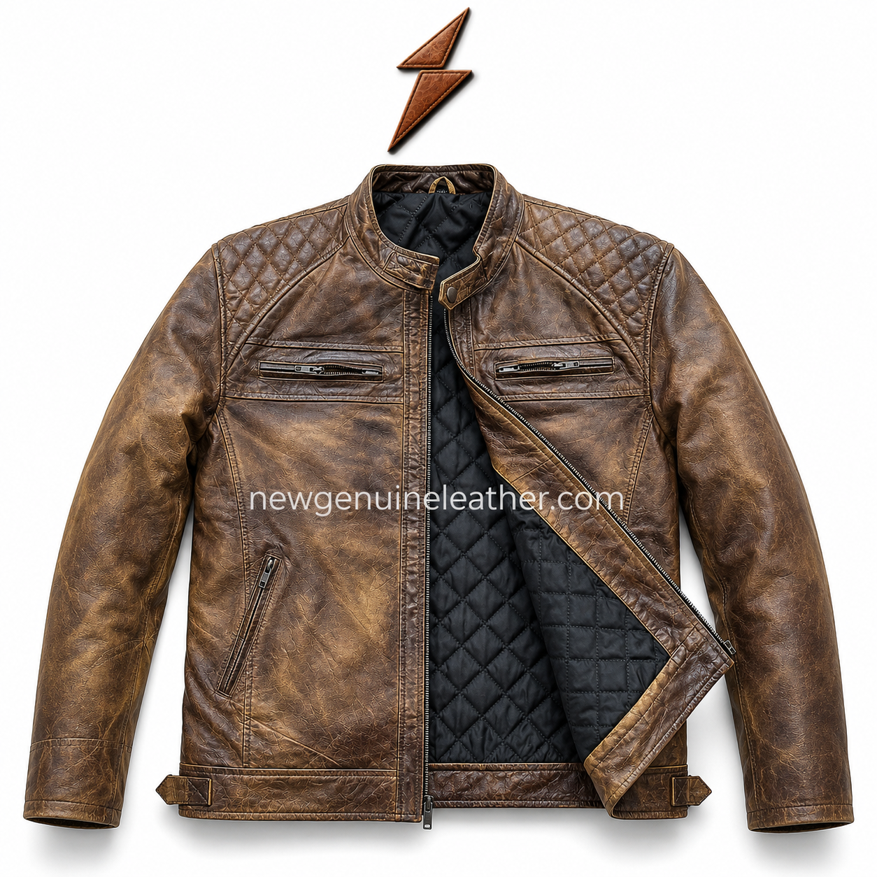 Distressed Leather Biker Jacket Front View Back view of distressed leather biker jacket with quilted upper back panel, vertical stitched seams, brown leather grain, and hem tabs.
