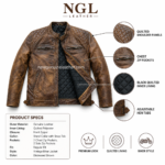Product specs image for distressed leather biker jacket with quilted shoulders, chest zip pockets, black lining, and adjustable hem tabs.
