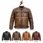 Distressed leather biker jacket displayed in black, brown, tan, and burgundy color options with NGL