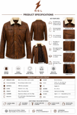 Distressed shearling jacket with brown leather body, cream collar, snap-button front, chest zipper pockets, and contrast stitching.