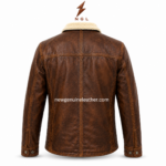 Distressed shearling jacket shown open with smooth inner lining, cream shearling collar, snap placket, and brown leather texture.