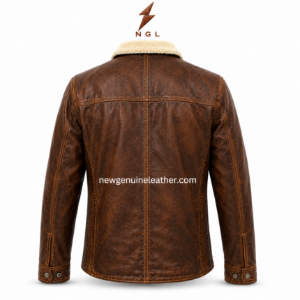 Distressed shearling jacket shown open with smooth inner lining, cream shearling collar, snap placket, and brown leather texture.