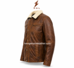 Distressed shearling jacket back pose with cream collar, center back seam, brown leather grain, and clean studio background.
