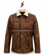 Distressed shearling jacket side pose with cream collar, chest zipper pocket, side hand pocket, and detailed contrast stitching.
