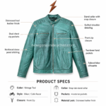 Teal biker leather jacket with distressed aqua-green finish, snap-tab stand collar, front zipper, dual chest zip pockets, and NGL logo at top