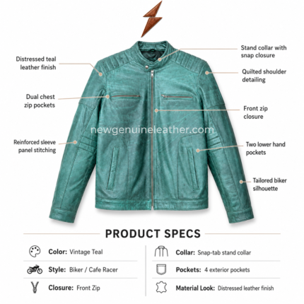 Teal biker leather jacket with distressed aqua-green finish, snap-tab stand collar, front zipper, dual chest zip pockets, and NGL logo at top
