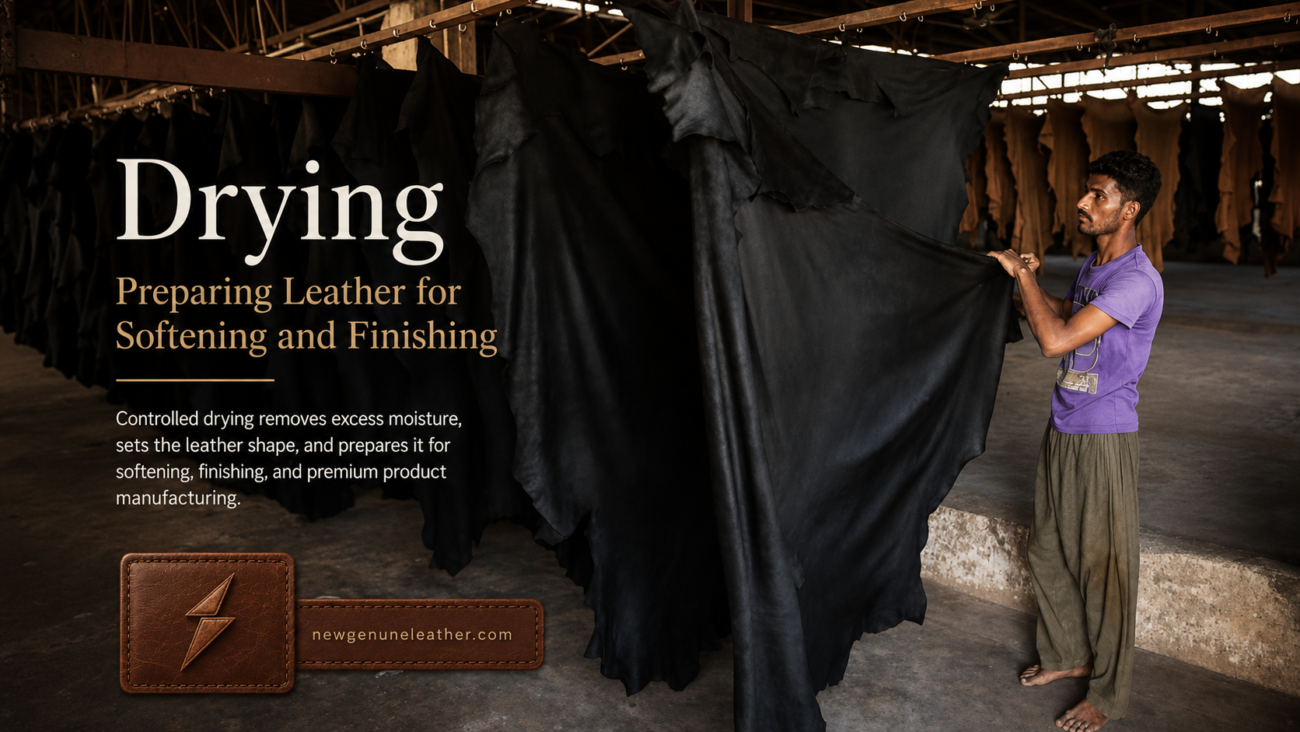Wet leather hides drying under controlled conditions to prepare them for softening and finishing at newgenuneleather.com