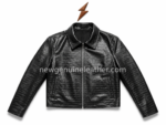 Embossed leather jacket in black with glossy crocodile pattern, side pockets, zipper closure