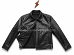 Crocodile embossed leather jacket color range showing black, dark brown, navy blue, and tan