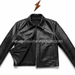 Crocodile embossed leather jacket color range showing black, dark brown, navy blue, and tan