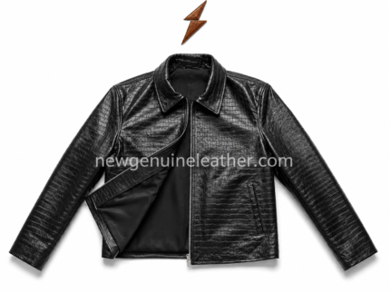 Crocodile embossed leather jacket color range showing black, dark brown, navy blue, and tan