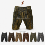 Olive green lederhosen shorts featuring dark washed leather effect, embroidered front bib, floral details, contrast piping, and shiny waistband buttons