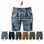 Blue grey embroidered lederhosen shorts shown with black, dark brown, tan, olive, and charcoal color options on a white studio background
