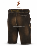 Traditional leather lederhosen shorts with embroidered waistband and multiple colour options for wholesale buyers
