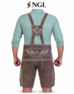 Green check lederhosen outfit with colorful Bavarian embroidery and brown leather front flap