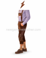 Dark brown Bavarian lederhosen outfit with embroidered chest panel and antique buckles
