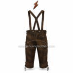 Dark brown Oktoberfest lederhosen set on white studio background with white floral embroidery, gold trim, adjustable suspenders, and newgenuineleather.com watermark