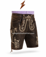 Purple check embroidered lederhosen with cream floral front flap and leather suspenders