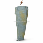 Ice blue suede lederhosen shorts featuring tonal embroidery, pale grey-blue suede texture, decorative waistband buttons, and knee-length cuffs