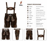Dark brown Bavarian lederhosen with white embroidery, tan piping, metal buttons and adjustable leather straps