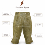 Embroidered leather lederhosen shorts featuring front bib panels, white floral stitching, curved pockets, horn-style buttons, and multiple colour options