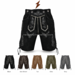 Wholesale black embroidered lederhosen shorts with front flap bib, contrast stitching, decorative embroidery, side laces, and newgenuineleather.com watermark