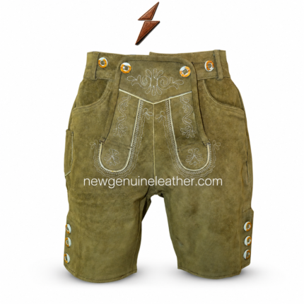 Olive suede lederhosen shorts with traditional front bib, white embroidery, horn-style waistband buttons, side pockets, and NGL logo placement