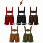Red lederhosen shorts with suspenders featuring suede texture, white Bavarian embroidery, metal buckles, brass buttons, lace-up sides, and NGL
