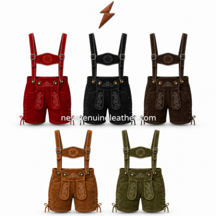 Red lederhosen shorts with suspenders featuring suede texture, white Bavarian embroidery, metal buckles, brass buttons, lace-up sides, and NGL