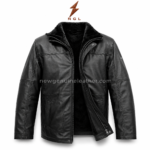 Fleece leather jacket in black with open front zipper, warm inner lining, soft plush collar, and centered newgenuineleather.com