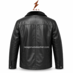 Back view of fleece leather jacket with black leather panel, plush collar, center seam, sleeve stitching, and clean back construction.