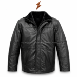 Product specs image of fleece leather jacket showing premium leather shell, soft plush collar, front zip closure, warm lining, and utility pockets.