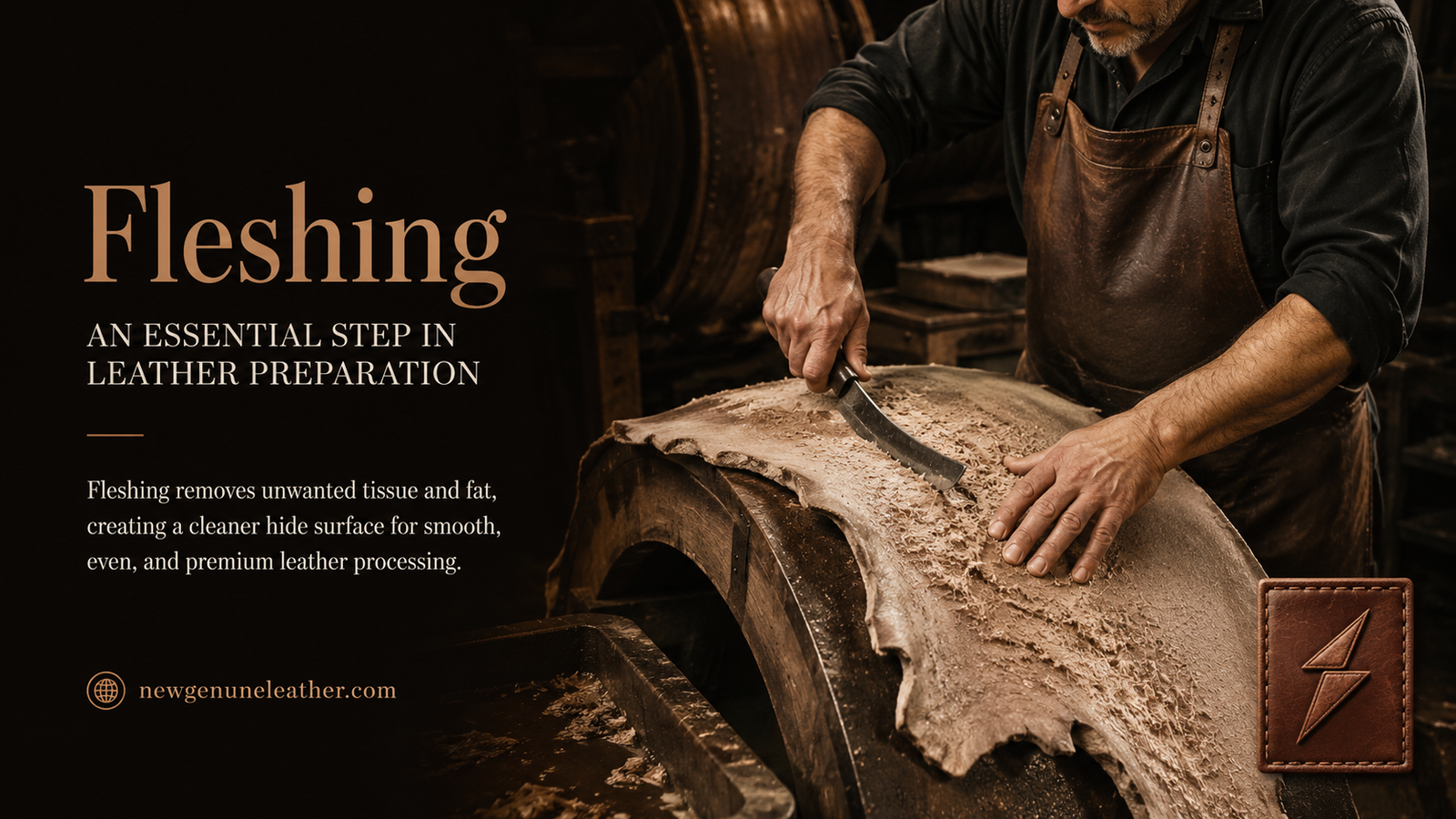 Leather hide being cleaned during the fleshing process to remove flesh and fat for premium leather production at newgenuneleather.com
