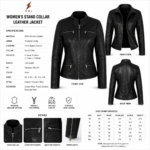Four pocket leather jacket front view with black stand collar, two chest zip pockets, two waist zip pockets