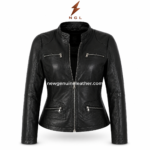 Four pocket leather jacket inner view with open front zipper, black lining, stand collar and silver-tone zipper