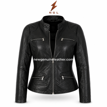 Four pocket leather jacket inner view with open front zipper, black lining, stand collar and silver-tone zipper