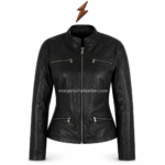 Four pocket leather jacket back view with shaped stitched panels, stand collar, sleeve zipper cuffs and centered
