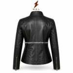 Four pocket leather jacket specs image with stand collar, front zipper, chest zip pockets and lower waist zip pockets.