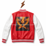 Flame patch varsity leather jacket in red and white leather with striped ribbed collar, zipper front, chest flame artwork, and NGL