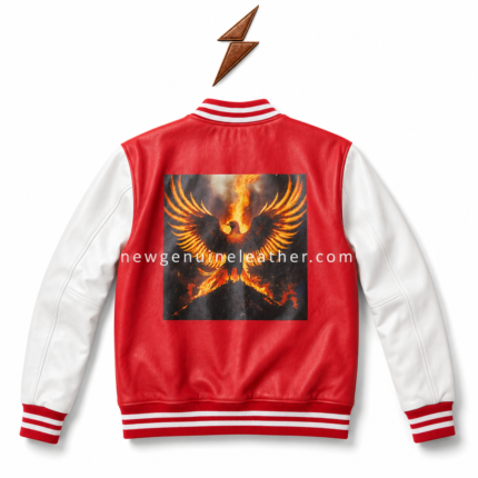 Flame patch varsity leather jacket in red and white leather with striped ribbed collar, zipper front, chest flame artwork, and NGL
