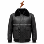 Fur collar leather jacket in black with warm inner lining, large flap pockets, smooth leather shell, and centered